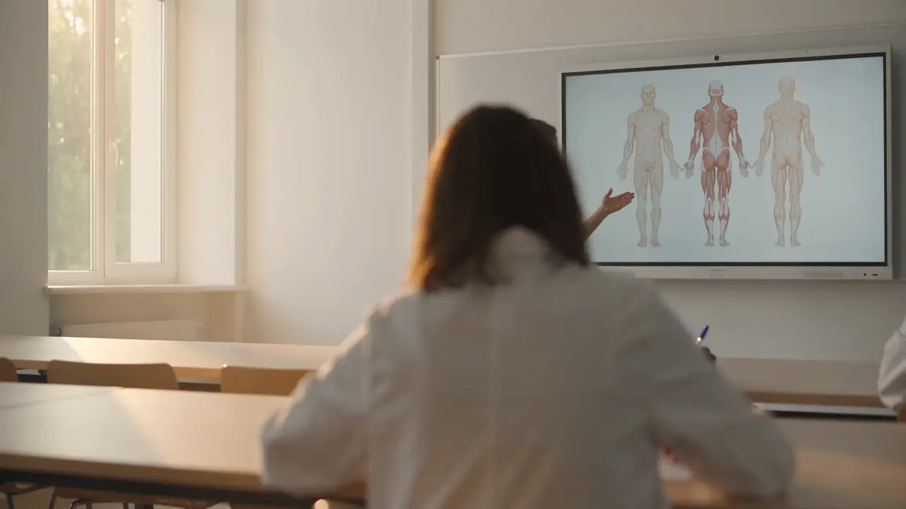 Séance théorique en salle, planches d'anatomie projetées